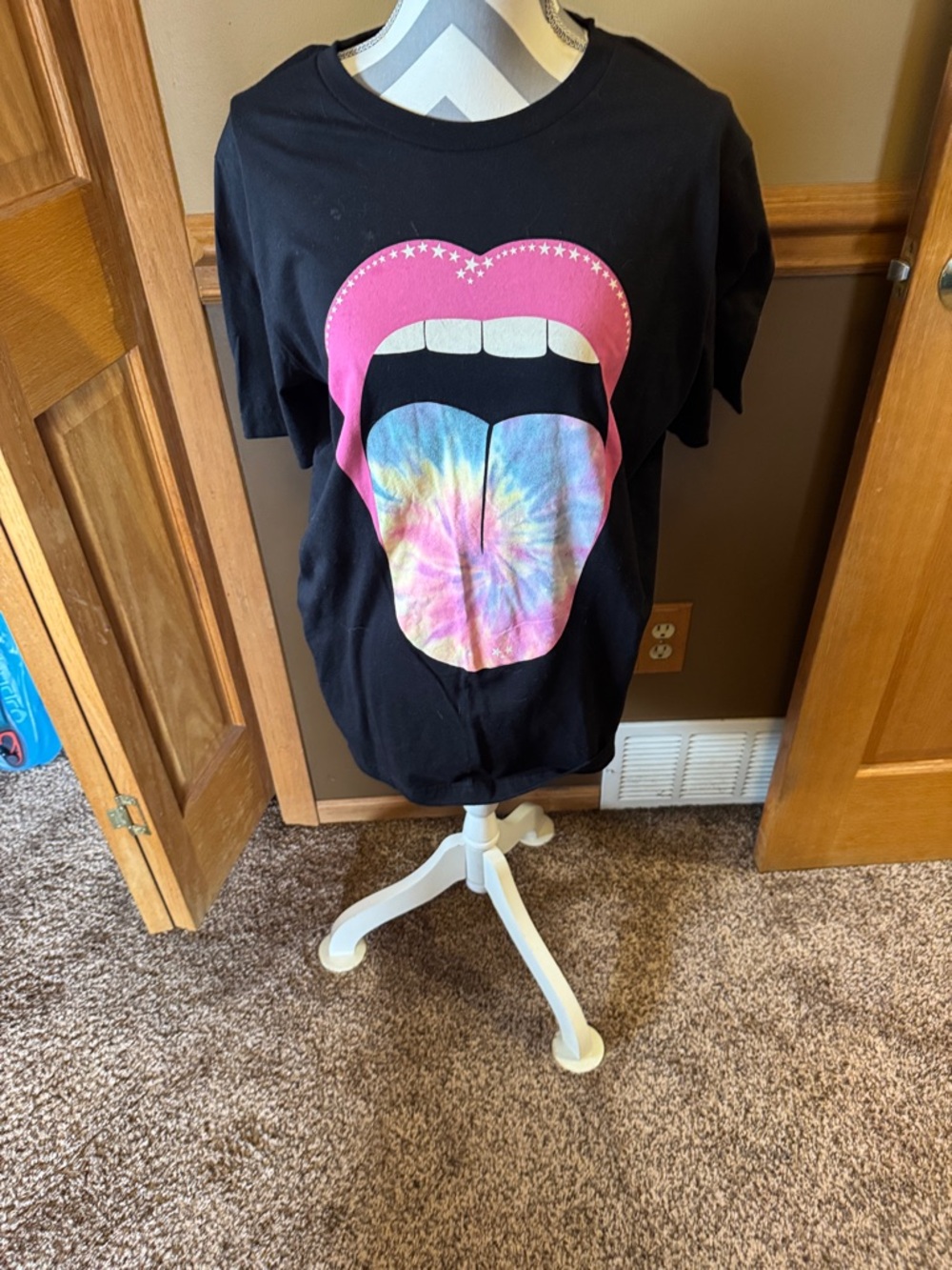 Bella Canvas Black Tee with Pink Lips and Tie-Dye Tongue